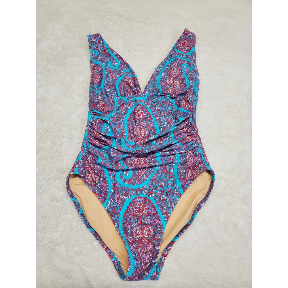 J. Crew Blue Pink Paisley One Piece Plunge Ruched Swimsuit Swim Women Small